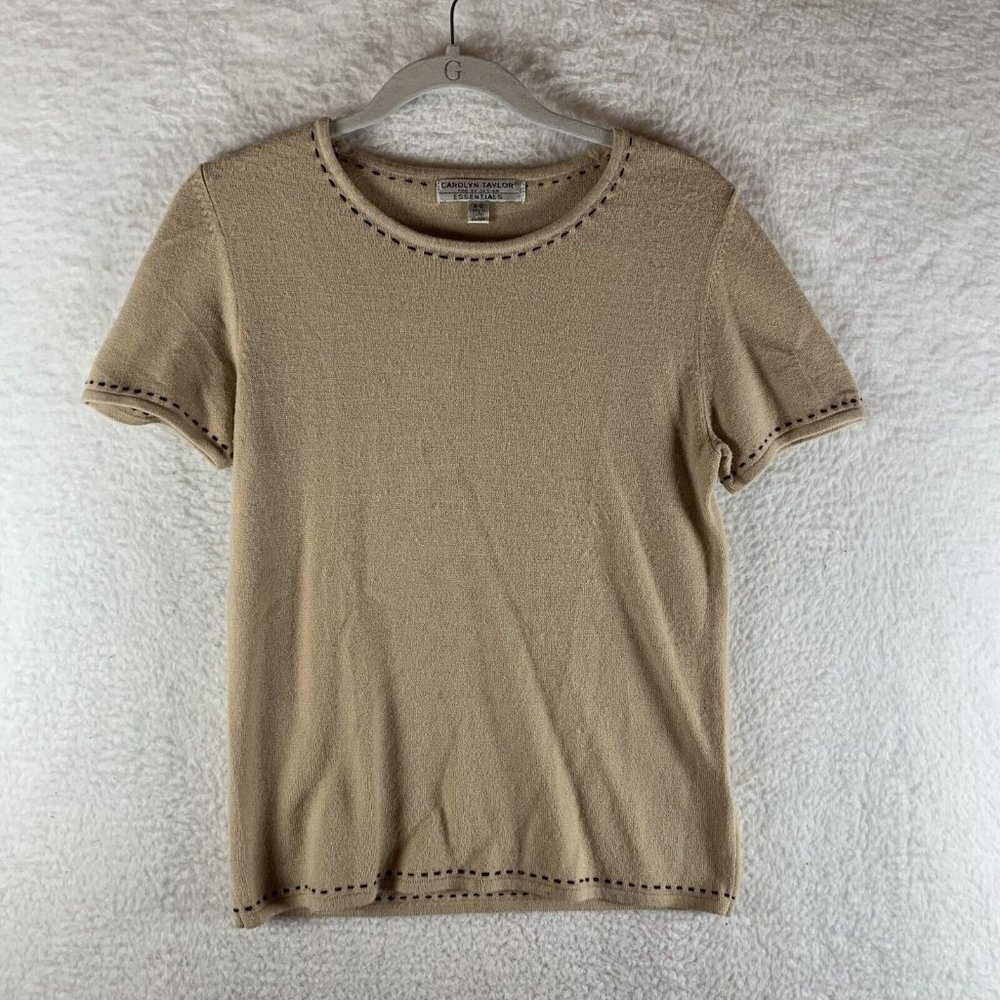 Carolyn Taylor T-Shirt Women's Small Khaki‎ Crew Neck Knitted Black Trim 7961